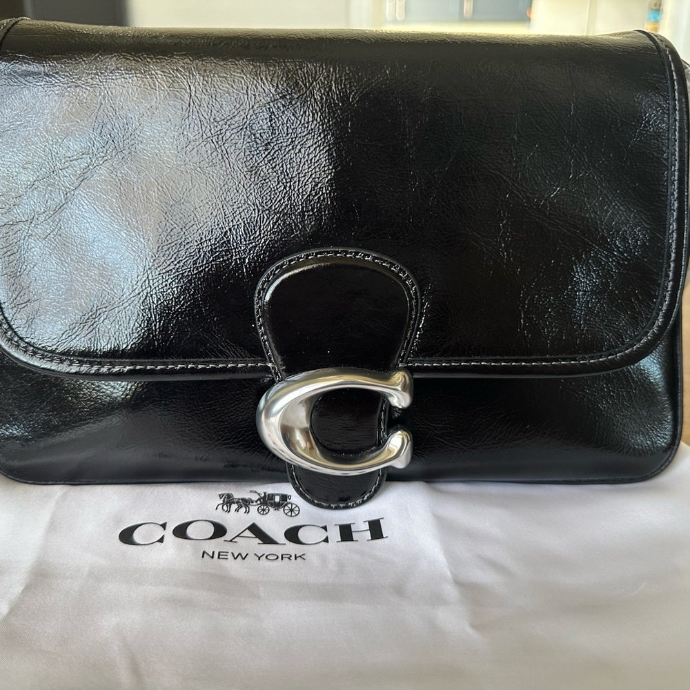 NWT - Coach Soft Tabby Shoulder Bag - Black Glazed Leather SHW - Picture 2 of 12